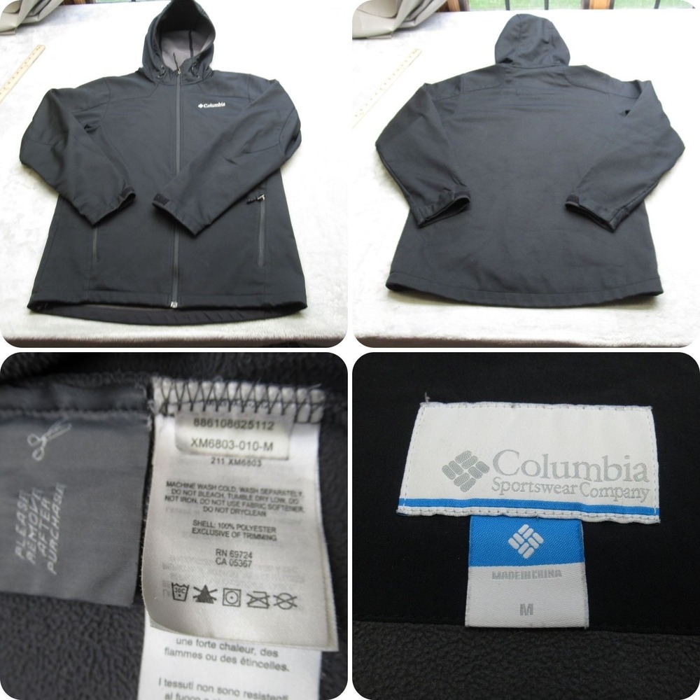 Columbia Jacket Men Medium Black Softshell Hood Fleece Lined Water Resistant